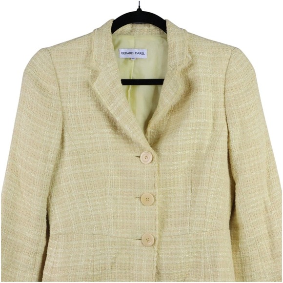 Gerard Darel Tweed Jacket Womens Size 36 Yellow Single Breasted 3 Button Fringe - Picture 2 of 9